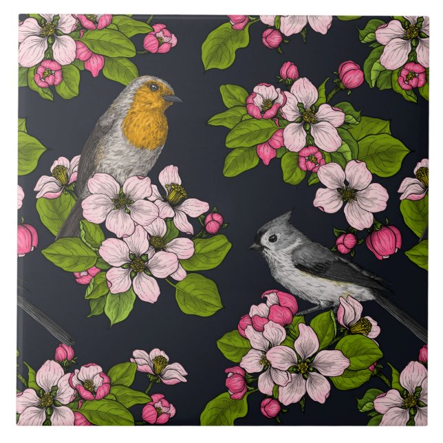 Birds and Blossoms on black Ceramic Tile (Front)