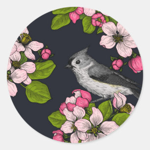 Birds and Blossoms on black Classic Round Sticker