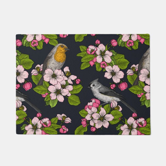 Birds and Blossoms on black Doormat (Front)