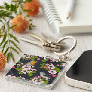 Birds and Blossoms on black Key Ring