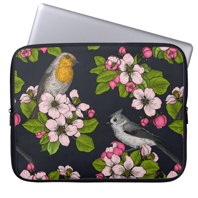 Birds and Blossoms on black Laptop Sleeve (Front)
