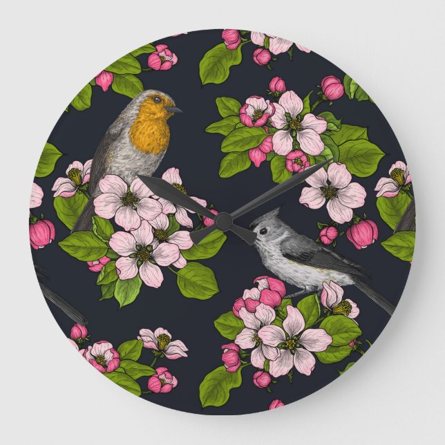 Birds and Blossoms on black Large Clock (Front)
