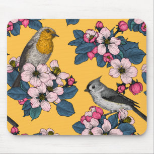 Birds and Blossoms on black Mouse Pad