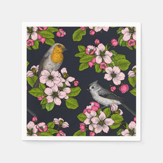 Birds and Blossoms on black Napkin (Front)