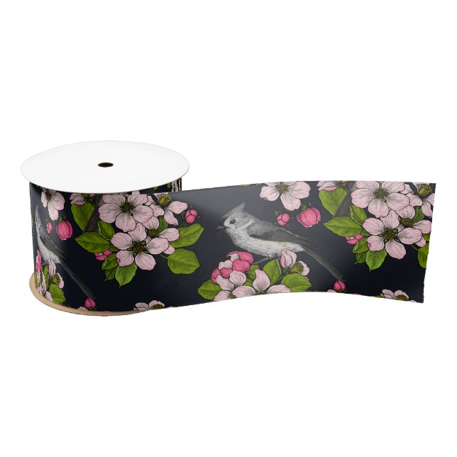 Birds and Blossoms on black Satin Ribbon (Spool)