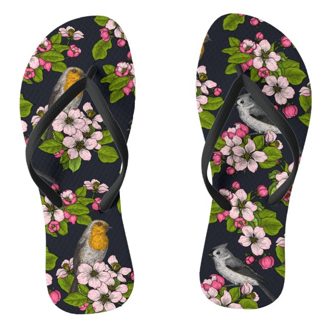 Birds and Blossoms on black Thongs (Footbed)
