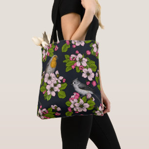 Birds and Blossoms on black Tote Bag