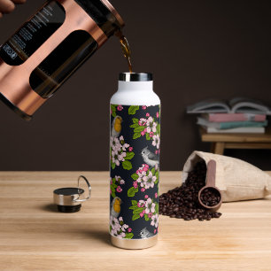 Birds and Blossoms on black Water Bottle