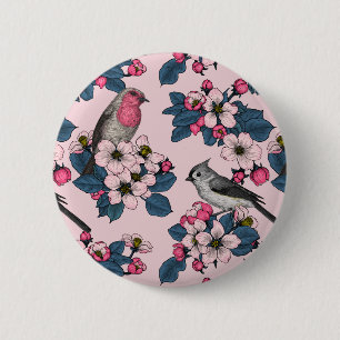 Birds and Blossoms on pink 6 Cm Round Badge