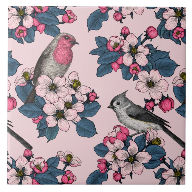 Birds and Blossoms on pink Ceramic Tile (Front)