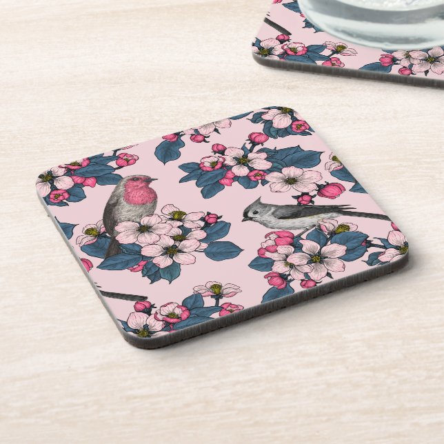 Birds and Blossoms on pink Coaster (Left Side)