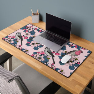 Birds and Blossoms on pink Desk Mat