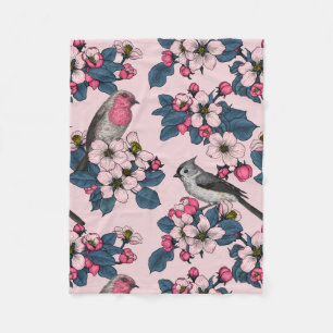 Birds and Blossoms on pink Fleece Blanket