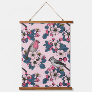 Birds and Blossoms on pink Hanging Tapestry