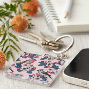 Birds and Blossoms on pink Key Ring