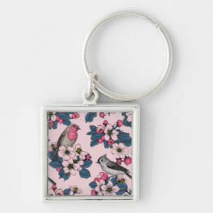 Birds and Blossoms on pink Key Ring