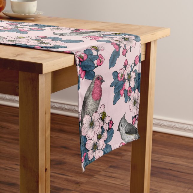 Birds and Blossoms on pink Short Table Runner (In Situ)