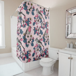 Birds and Blossoms on pink Shower Curtain
