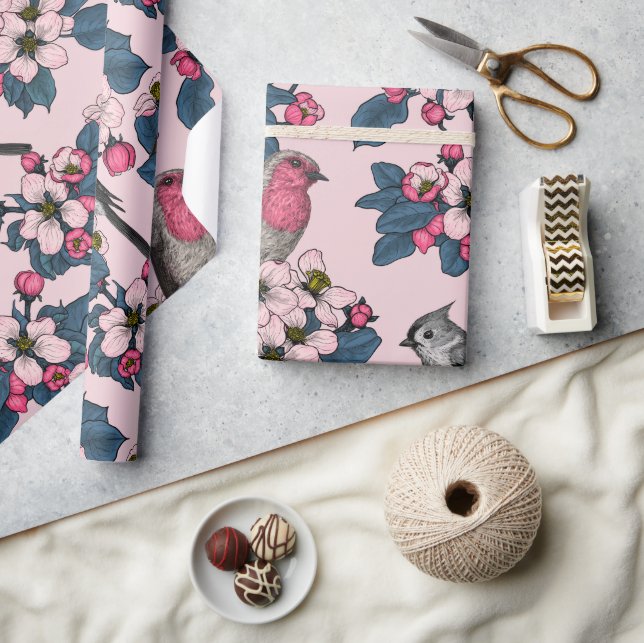 Birds and Blossoms on pink Wrapping Paper (Crafts)