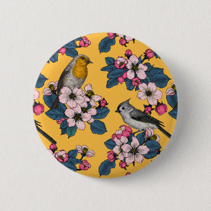 Birds and Blossoms on yellow 6 Cm Round Badge