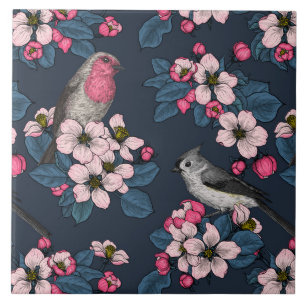 Birds and Blossoms on yellow Ceramic Tile