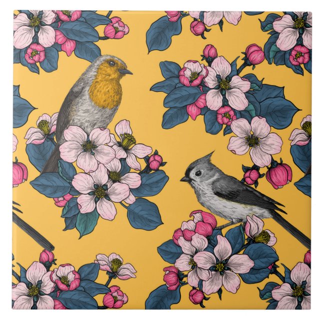 Birds and Blossoms on yellow Ceramic Tile (Front)