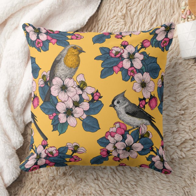 Birds and Blossoms on yellow Cushion (Blanket)