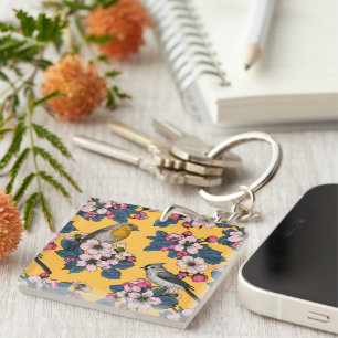 Birds and Blossoms on yellow Key Ring