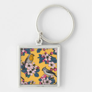Birds and Blossoms on yellow Key Ring