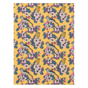 Birds and Blossoms on yellow Tablecloth