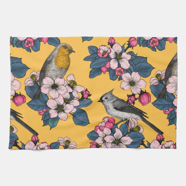 Birds and Blossoms on yellow Tea Towel (Horizontal)