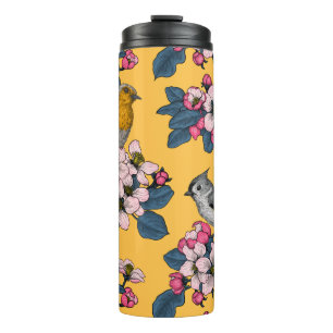 Birds and Blossoms on yellow Thermal Tumbler