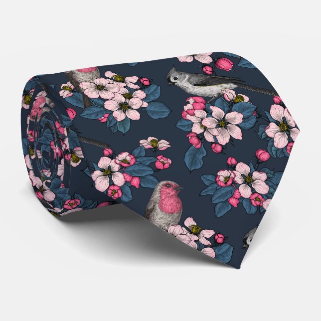 Birds and Blossoms Tie (Rolled)