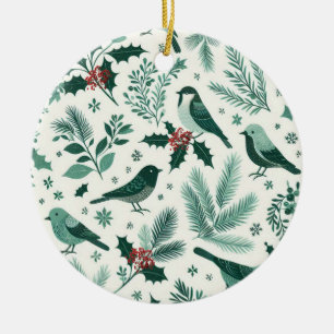 Birds and Boughs Holiday Motif Ceramic Ornament