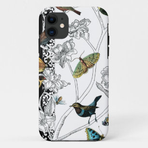 Birds and Butterfly on a Black & White Background iPhone 11 Case