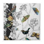 Birds and Butterfly on a Black & White Background Ceramic Tile<br><div class="desc">Artist Chariklia Zarris is a talented painter and designer. She likes painting birds and wild animals and this picture is no exception. The vivid colours of birds and the butterflies are accentuated by the black and white branches in the background.</div>