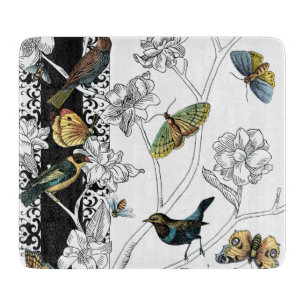 Birds and Butterfly on a Black & White Background Cutting Board