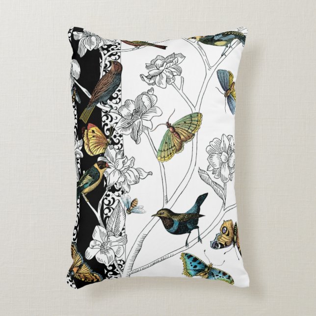 Birds and Butterfly on a Black & White Background Decorative Cushion (Front(Vertical))