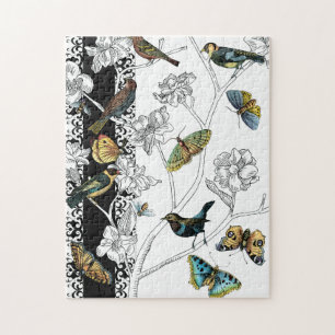 Birds and Butterfly on a Black & White Background Jigsaw Puzzle