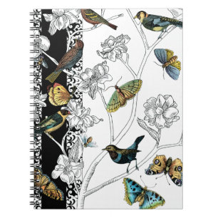Birds and Butterfly on a Black & White Background Notebook