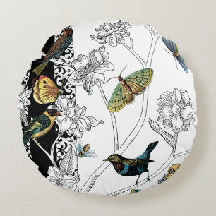 Birds and Butterfly on a Black & White Background Round Cushion