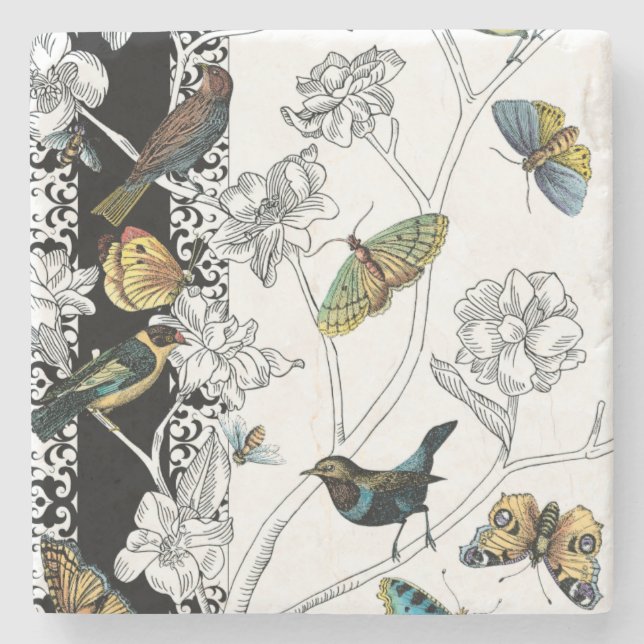 Birds and Butterfly on a Black & White Background Stone Coaster (Front)