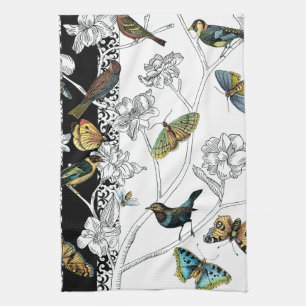 Birds and Butterfly on a Black & White Background Tea Towel