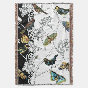 Birds and Butterfly on a Black & White Background Throw Blanket