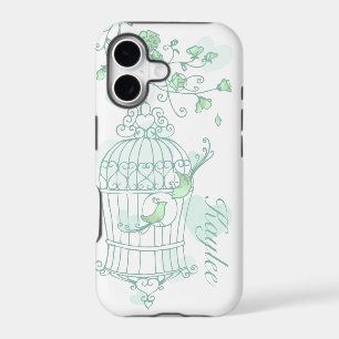 Birds and cage mint aqua green name iphone case
