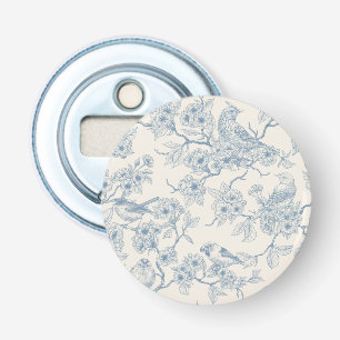 Birds and cherry blossom in blue and off white bottle opener