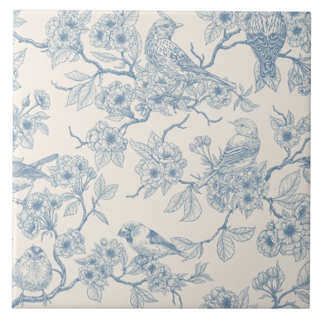 Birds and cherry blossom in blue and off white ceramic tile (Front)