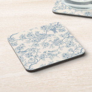 Birds and cherry blossom in blue and off white coaster