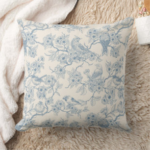 Birds and cherry blossom in blue and off white cushion