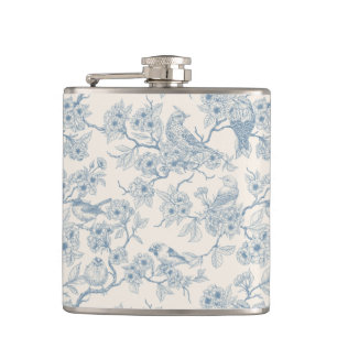 Birds and cherry blossom in blue and off white hip flask